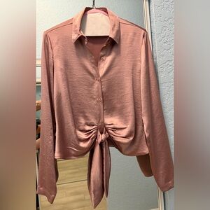 Satin Tie-Front Shirt - Dusty Rose/Blush - Express Size XS